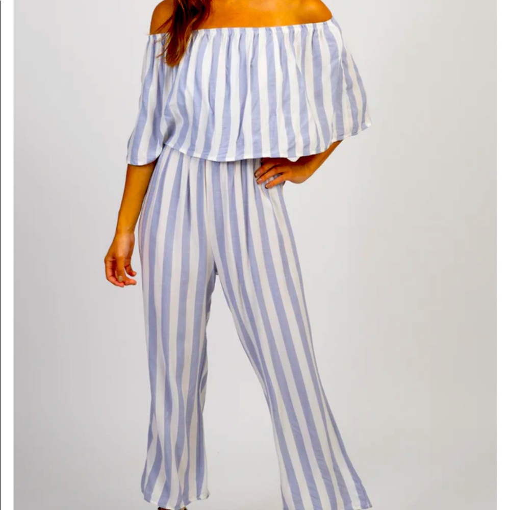 NWT. BLUE & White Striped Off The Shoulder Nautical Jumpsuit. Large.